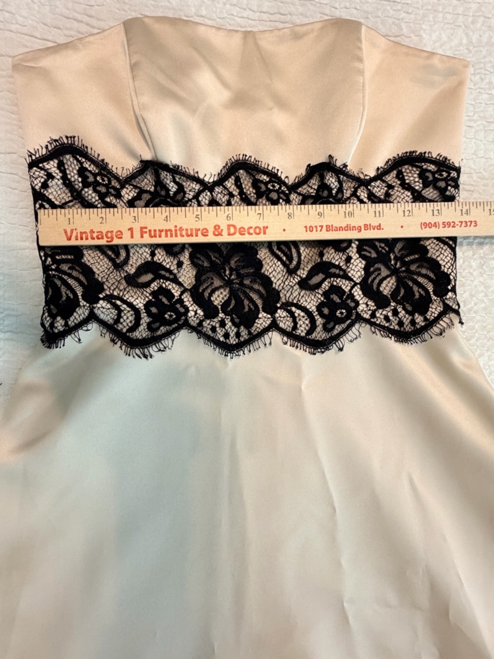 White House Black Market Strapless Satin Lace Dress Cream Black - Picture 8 of 9